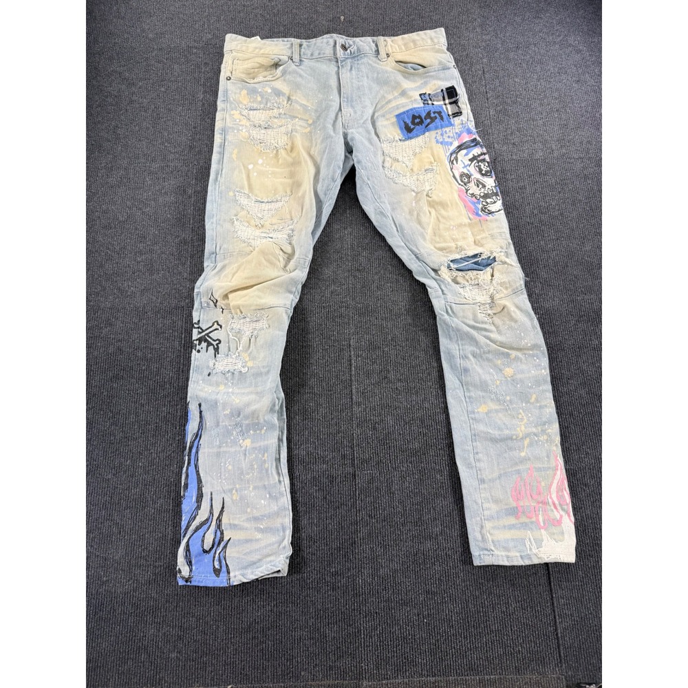 Smoke Rise DNM Co Mens Distressed Graphic Jeans Light Wash Skull Flame 38x34 - Picture 1 of 10